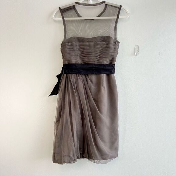 White by Vera Wang Gray Sheer Mini Bridesmaid Dress Illusion Neckline Belted 2 - Picture 8 of 14